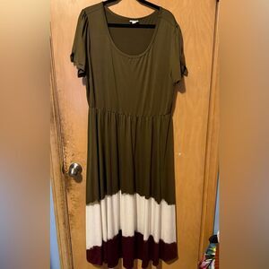 LuLaRoe Riley Maxi Dress Empire Waist 3XL Olive Green Burgundy Cream Ombre EUC